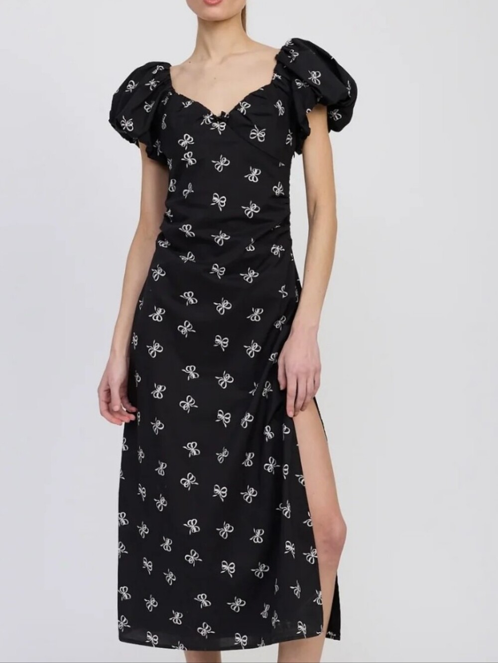 Black Midi Dress with White Bow Print and Puff Sleeves